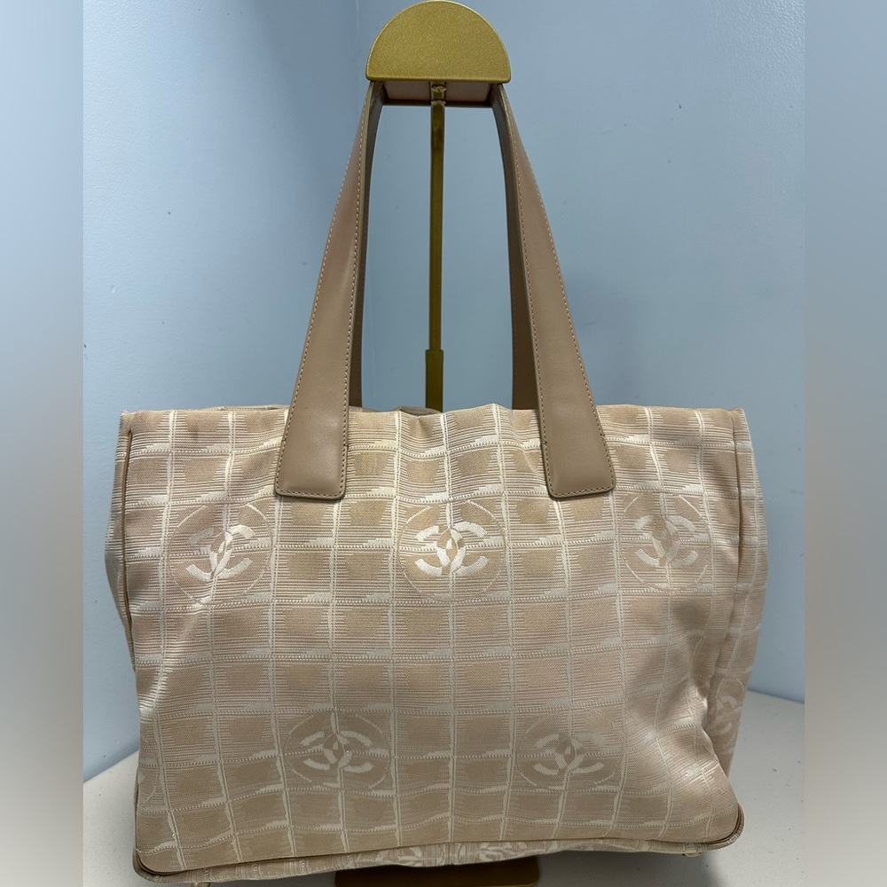Authentic Chanel Travel Line Beige CC Nylon Leather Tote Bag
